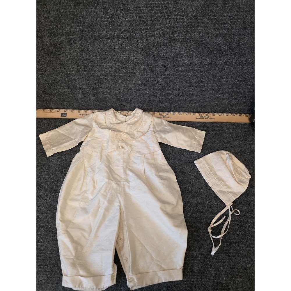 Cora Pant Suit Set Infant Boys 6-9 Months White Silk‎ Bonnet Christening Baptism